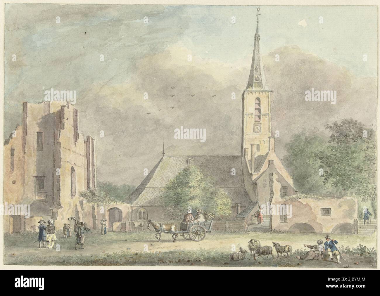 Church and ruins of the abbey at Rijnsburg, Hermanus Petrus Schouten, 1757 - 1822, draughtsman: Hermanus Petrus Schouten, 1757 - 1822, paper, brush, h 159 mm × w 227 mm Stock Photo