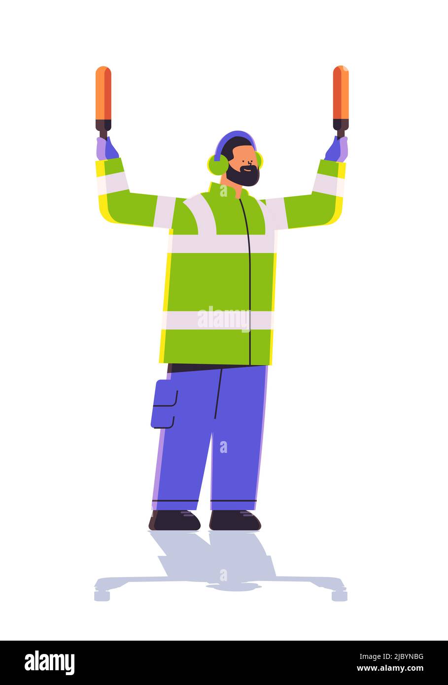 aviation marshaller supervisor signaling near aircraft air traffic controller airline worker in signal vest professional airport staff Stock Vector