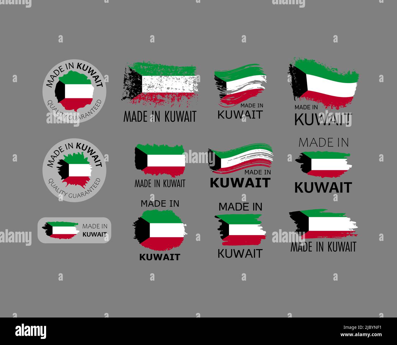 Set of stickers. Made in Kuwait. Brush strokes shaped with Kuwaiti flag