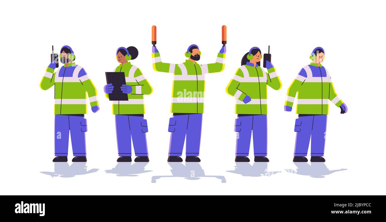 aviation marshallers supervisors team in uniform air traffic controllers airline worker in signal vests professional airport staff Stock Vector