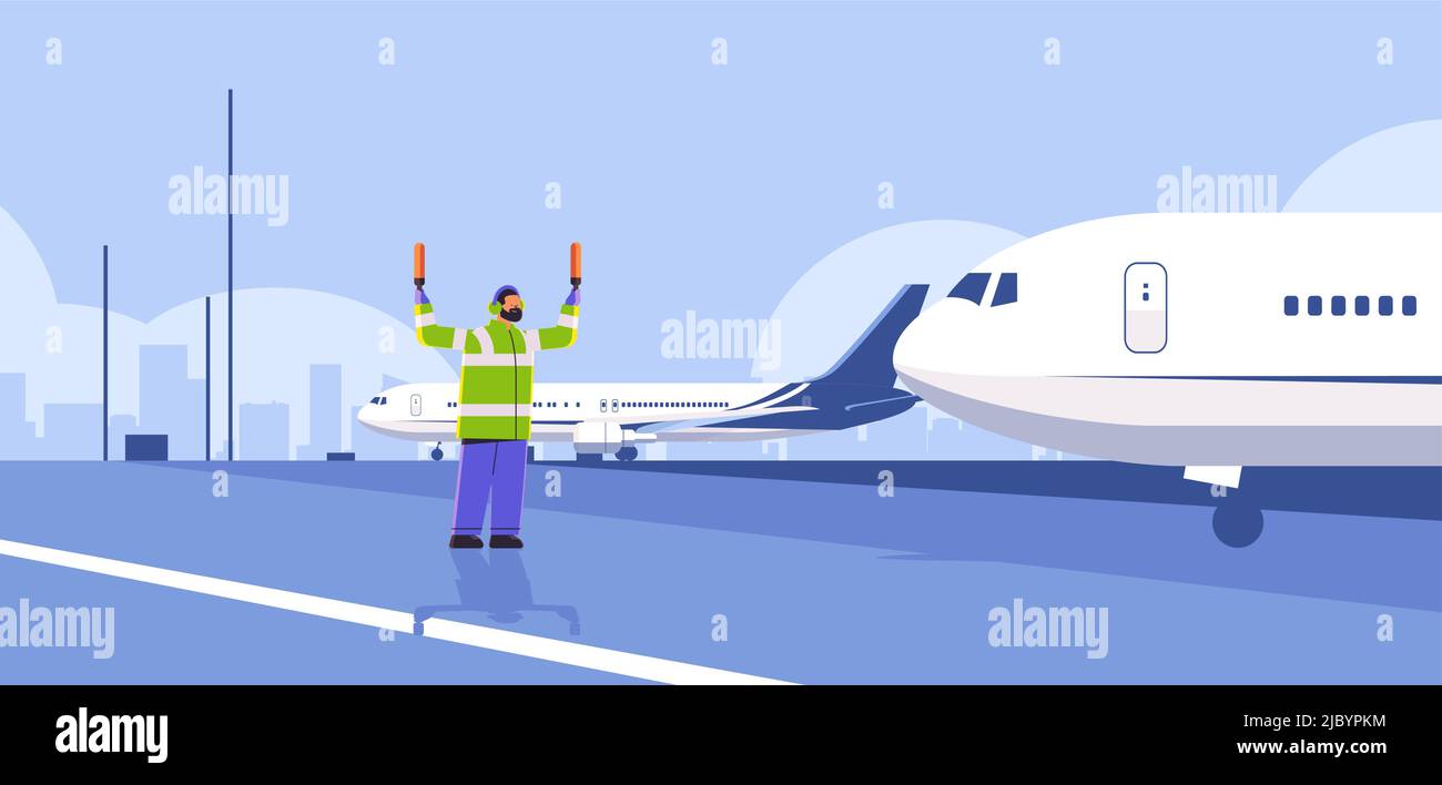 aviation marshaller supervisor near aircraft air traffic controller airline worker in signal vest professional airport staff Stock Vector