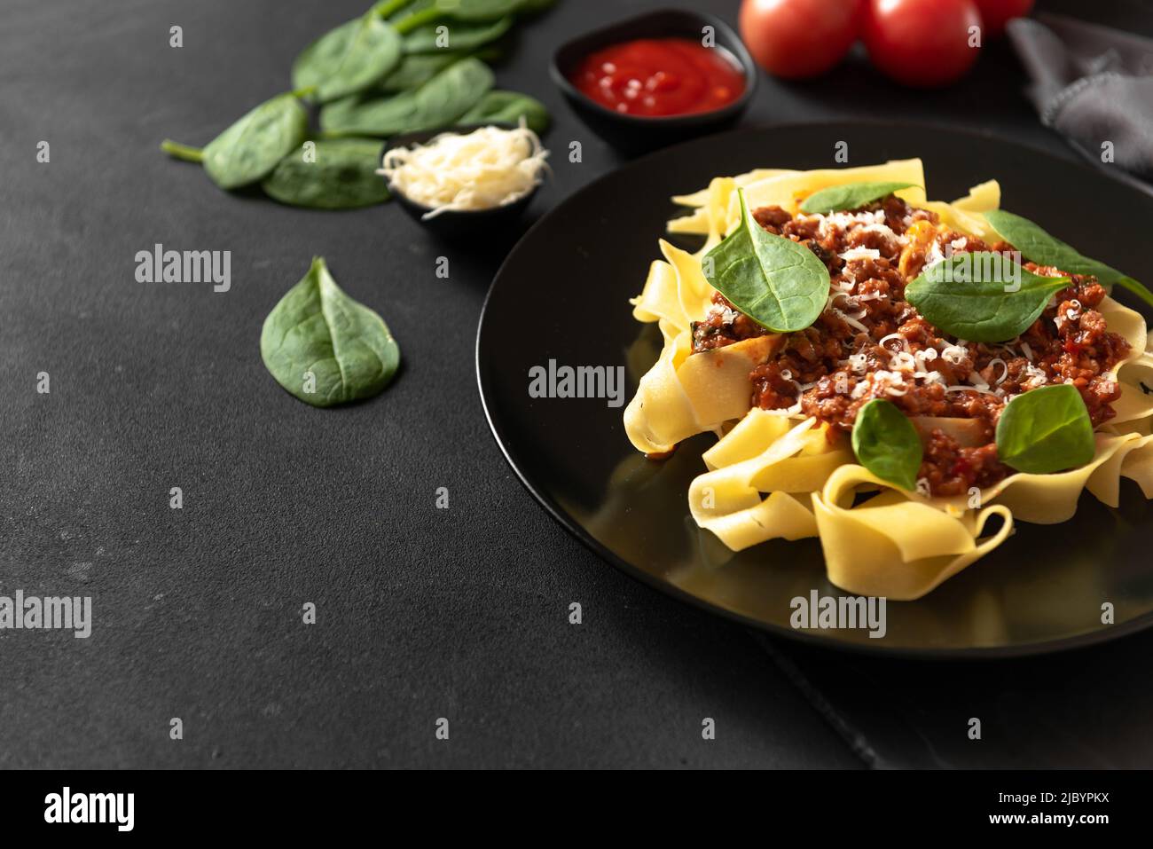spaghetti on a gray background. Classic Italian Food Stock Photo