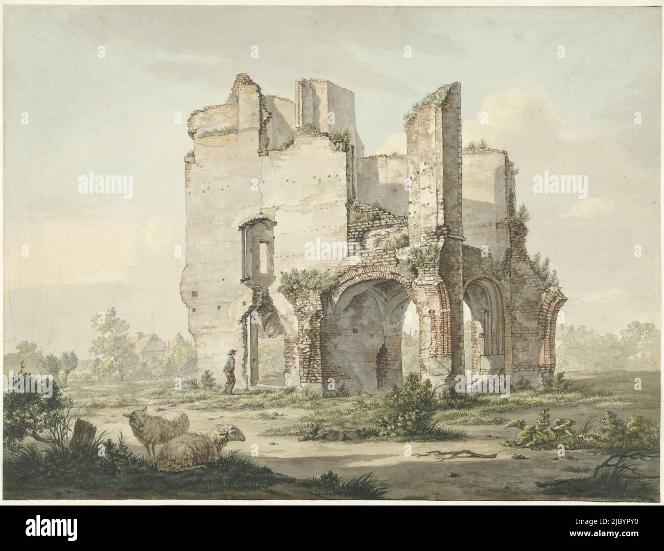 The ruin of the Abbey of Rijnsburg, Johannes van Lexmond, 1779 - 1838, draughtsman: Johannes van Lexmond, 1779 - 1838, paper, brush, h 403 mm × w 536 mm Stock Photo
