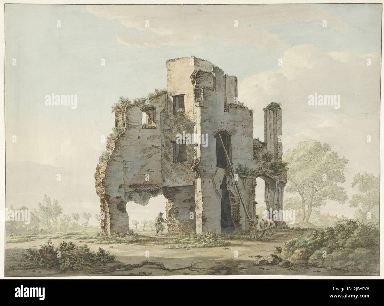 The demolition of the ruins of the Abbey of Rijnsburg, Johannes van Lexmond, 1779 - 1838, draughtsman: Johannes van Lexmond, 1779 - 1838, paper, brush, h 400 mm × w 551 mm Stock Photo