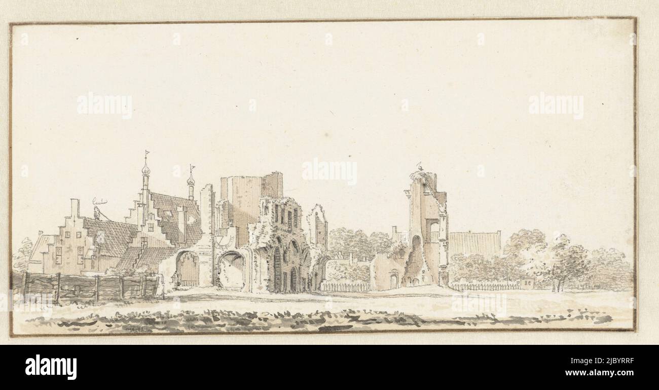 ruin of the abbey at Rijnsburg, Hendrik Spilman, 1733 - 1784, draughtsman: Hendrik Spilman, 1733 - 1784, paper, pen, brush, h 93 mm × w 183 mm Stock Photo