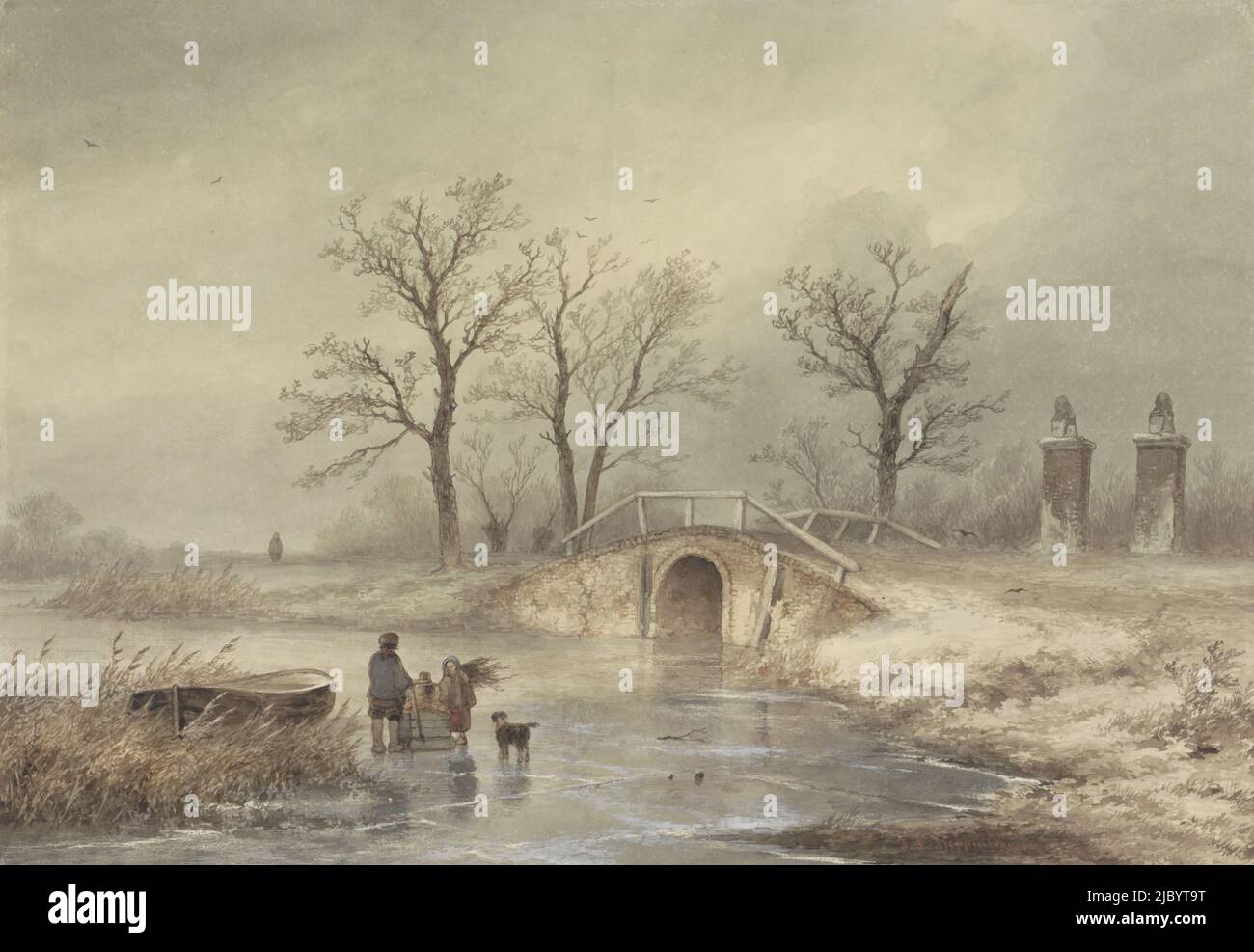 Winter landscape, Johannes Franciscus Hoppenbrouwers, 1829 - 1866, draughtsman: Johannes Franciscus Hoppenbrouwers, 1829 - 1866, paper, brush, h 362 mm × w 520 mm Stock Photo