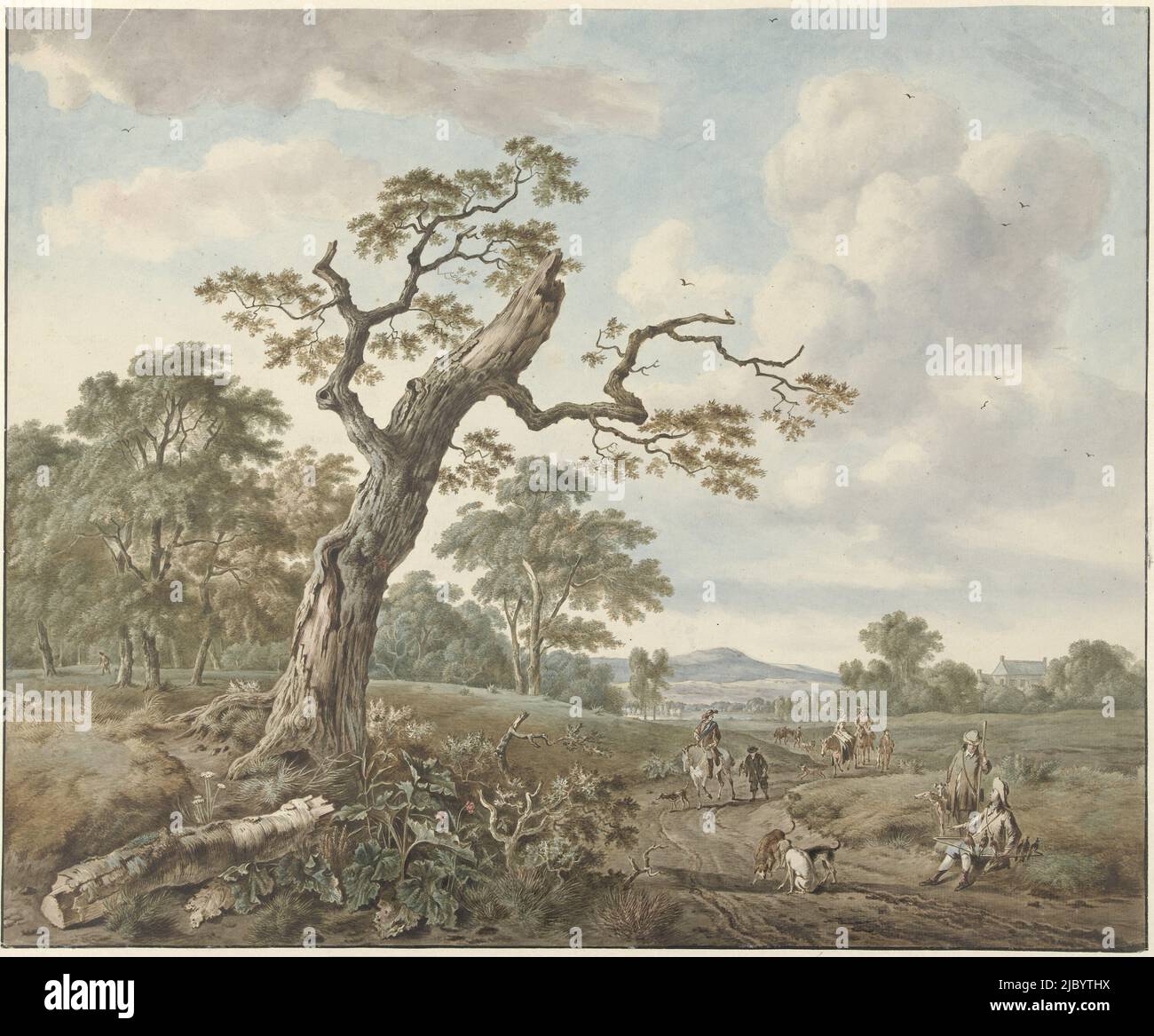 Landscape with hunting party on a country road, Gerard van Nijmegen, after Jan Wijnants, after Johannes Lingelbach, 1786, draughtsman: Gerard van Nijmegen, after: Jan Wijnants, after: Johannes Lingelbach, 1786, paper, brush, pen, h 457 mm × w 554 mm Stock Photo