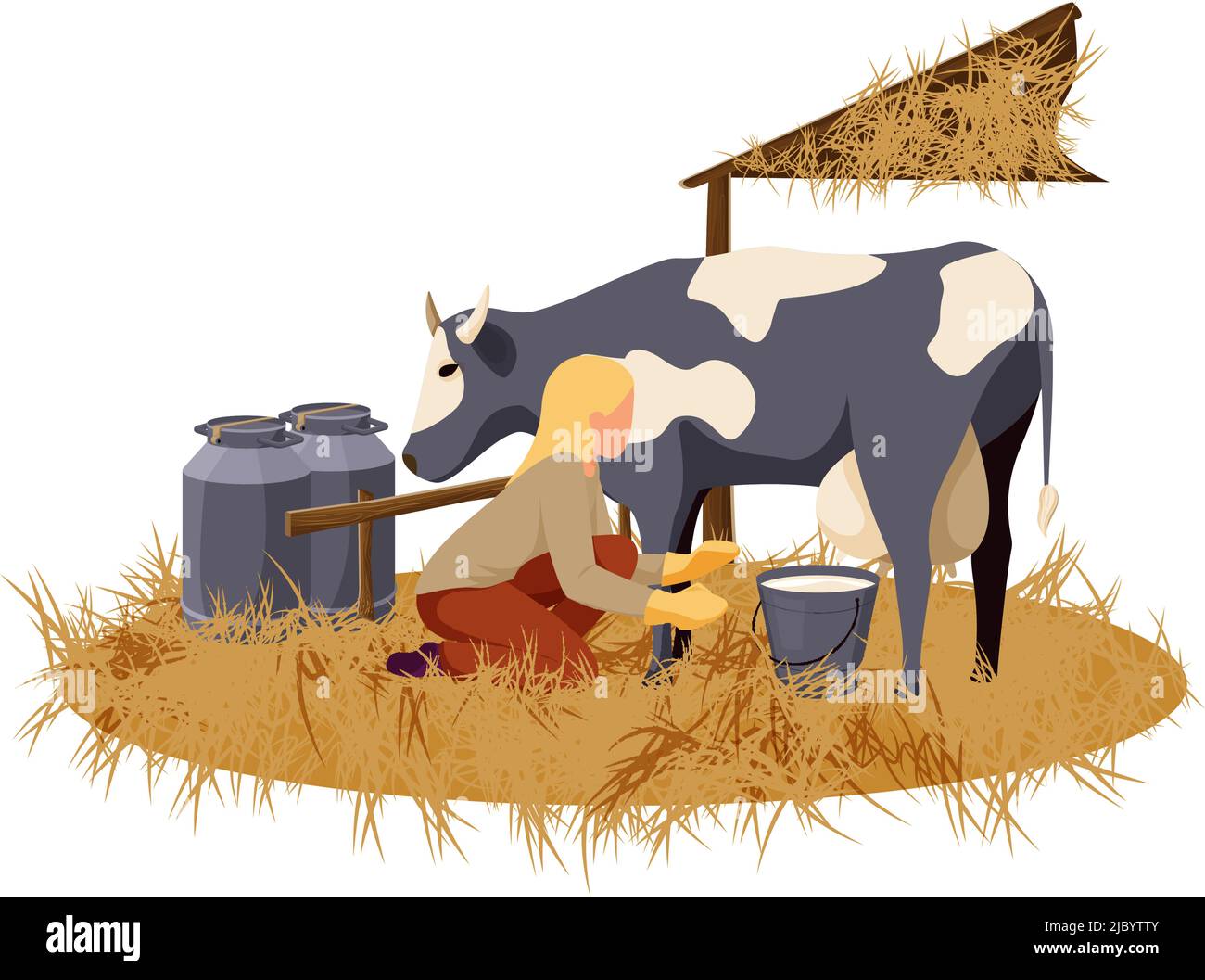 Woman milking cow on organic farm flat vector illustration Stock Vector