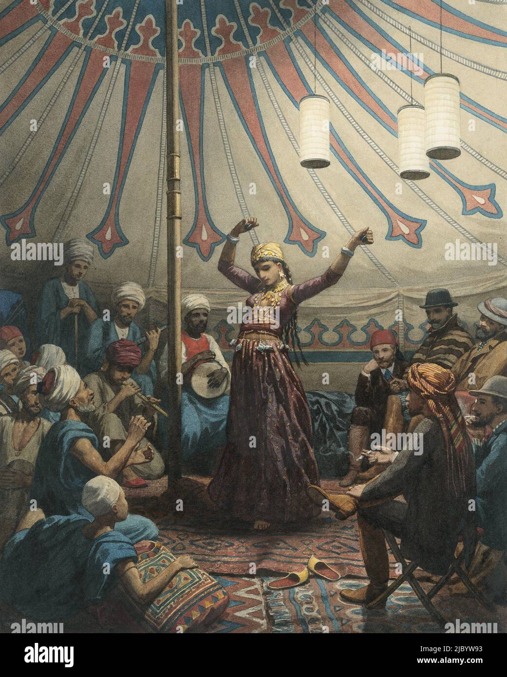Egyptian dancer in a tent, with musicians and spectators, William de Famars Testas, in or after 1868, Danseuse Egyptienne (Raziëh)., draughtsman: Willem de Famars Testas, in or after 1868, paper, brush, h 323 mm × w 258 mm Stock Photo