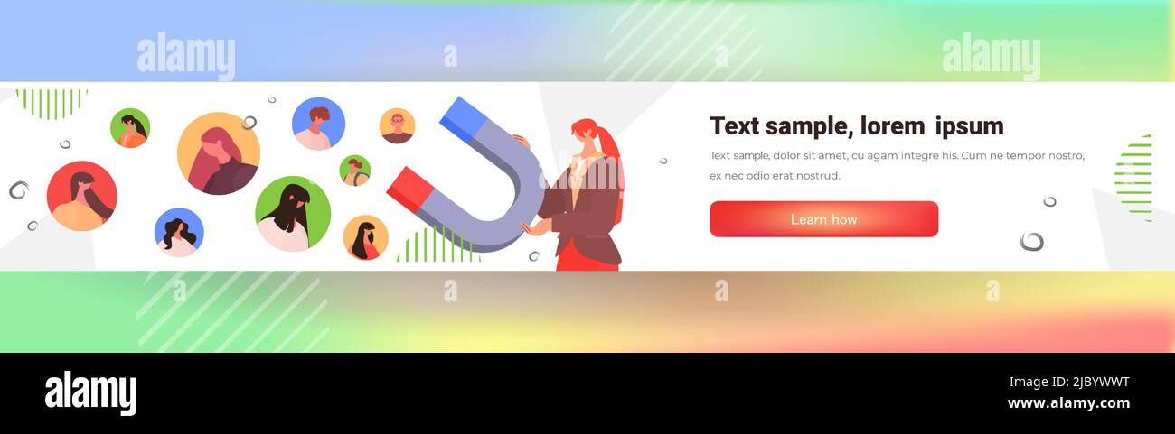 businesswoman with big magnet attracting customers clients or followers advertising promotion management service Stock Vector