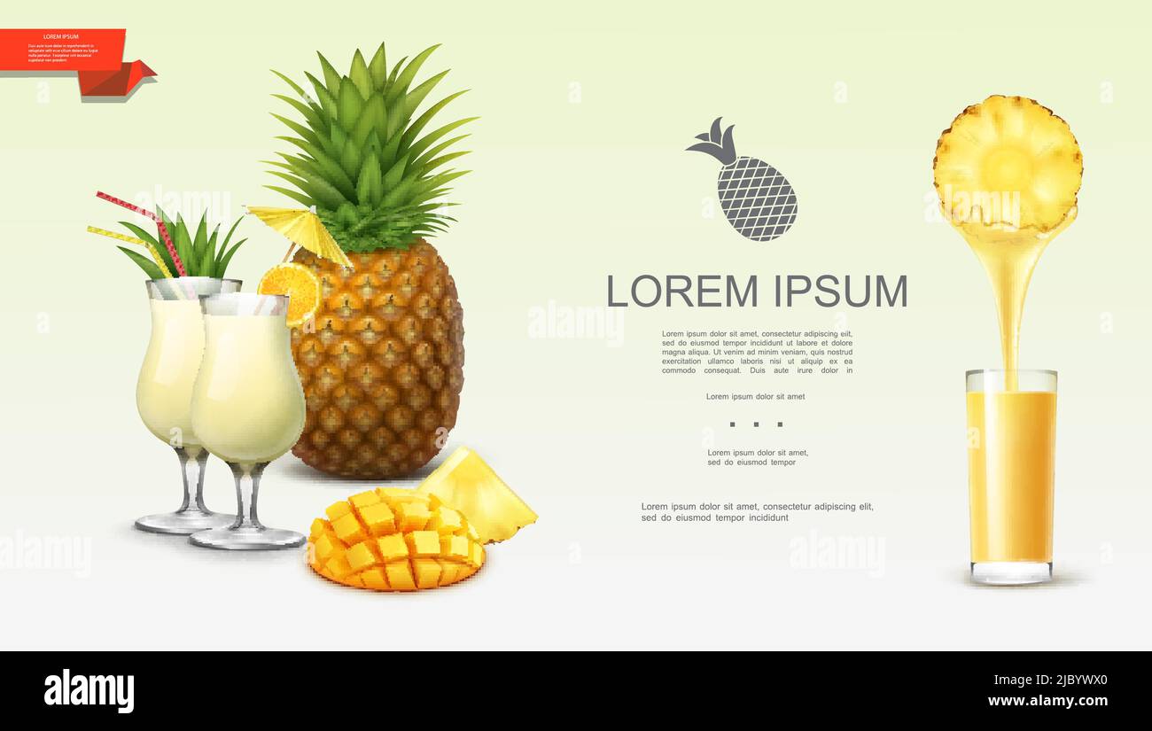 Realistic fresh tasty pineapple background with tropical fruit slices ...
