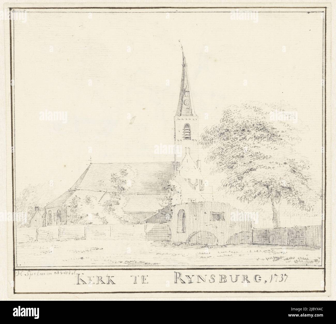 The church at Rijnsburg, Hendrik Spilman, 1737, draughtsman: Hendrik Spilman, 1737, paper, h 158 mm × w 173 mm Stock Photo