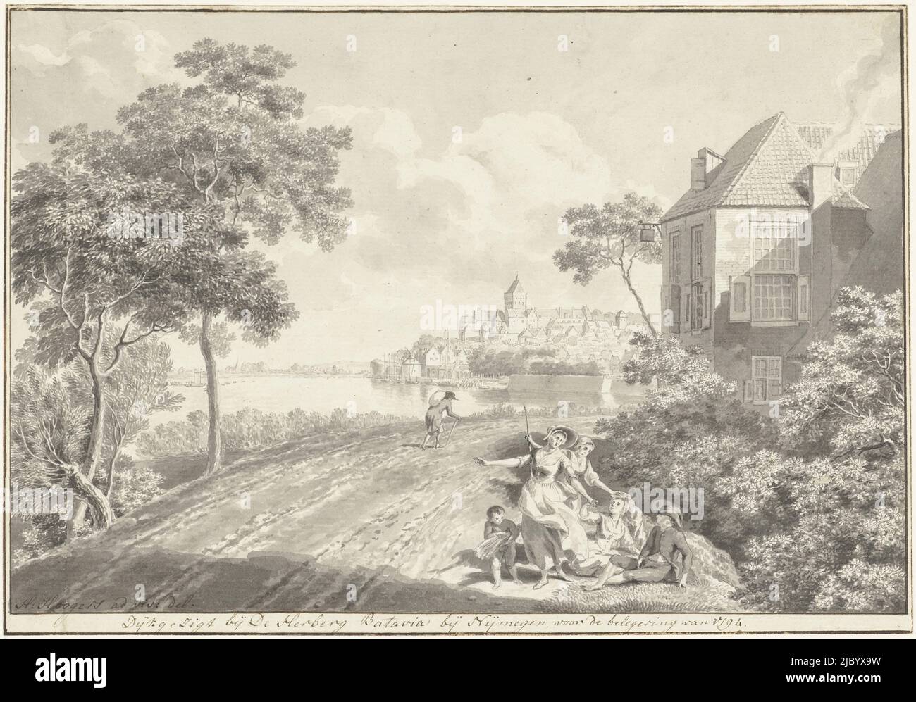View of Nijmegen, Hendrik Hoogers, 1757 - 1814, Dike view at De Herberg Batavia near Nijmegen, before the siege of 1794., draughtsman: Hendrik Hoogers, 1757 - 1814, paper, pen, brush, h 178 mm × w 257 mm Stock Photo