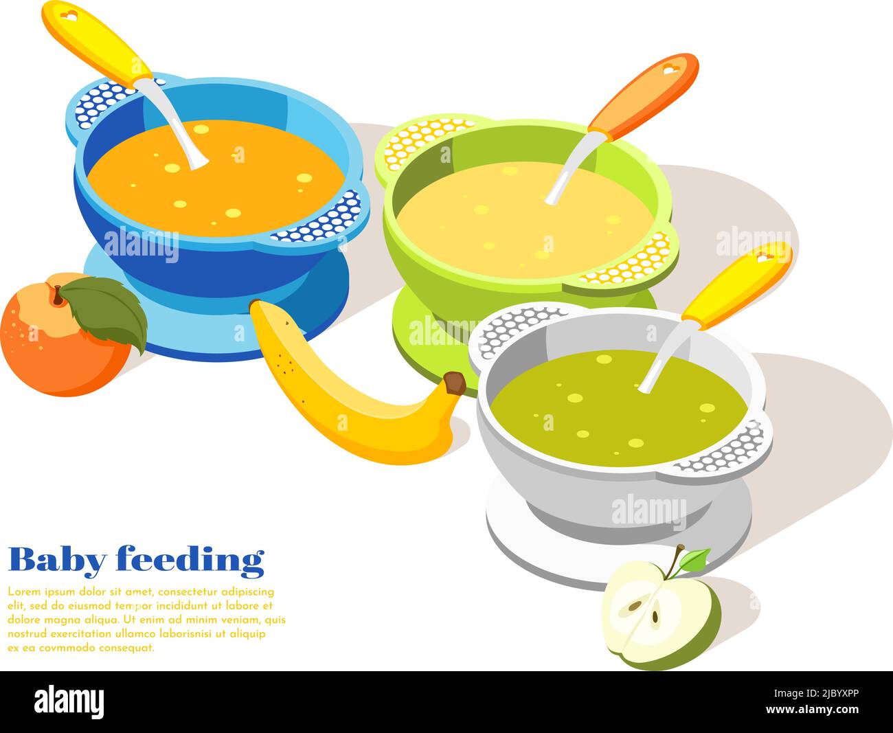 Baby infant toddler child healthy food serving isometric background composition with banana apple puree bowls vector illustration Stock Vector