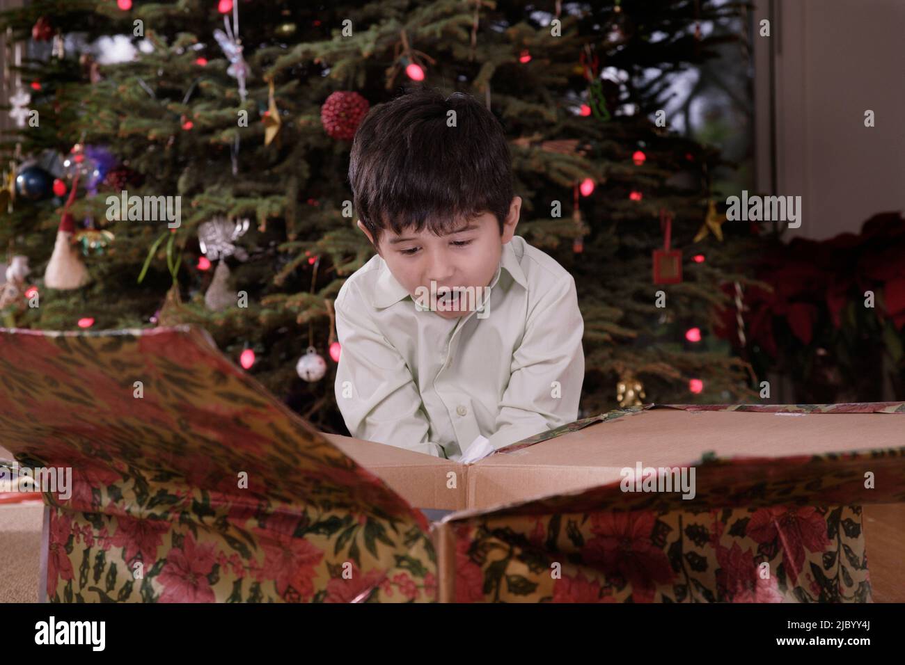 Hispanic boy opening Christmas gift Stock Photo Alamy