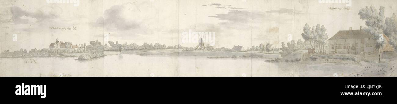 Panoramic View of Kasteel Ooij and the Tollhouse, North Brabant, Josua de Grave, 1682, draughtsman: Josua de Grave, 26-Jun-1682 - 28-Jun-1682, paper, pen, brush, h 157 mm × w 774 mm Stock Photo