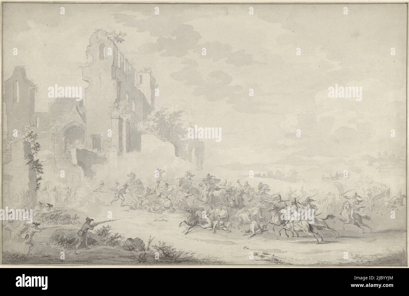 Fight between cavalry and footmen, Dirk Langendijk, 1780, Design for a print., draughtsman: Dirk Langendijk, 1780, paper, pen, brush, h 309 mm × w 475 mm Stock Photo