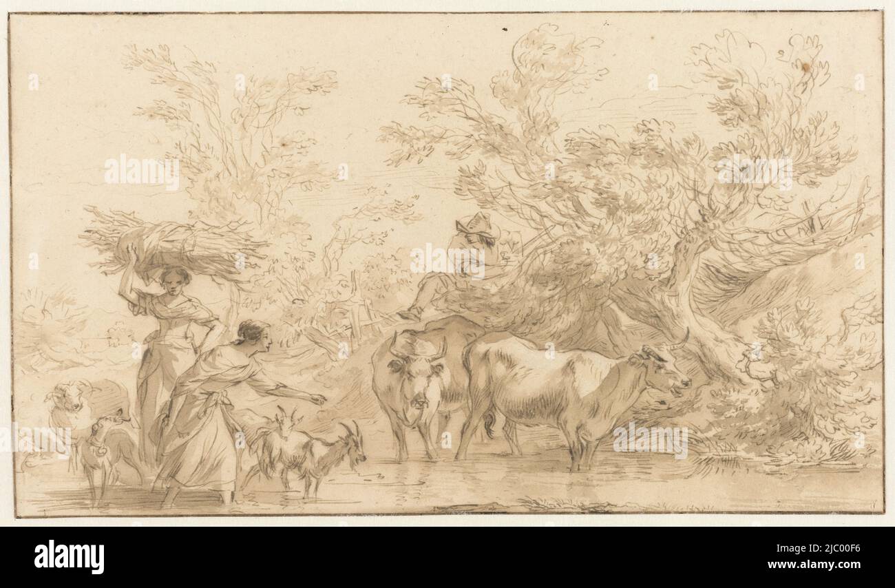 Two women cross a river, Nicolaes Pietersz Berchem (possibly), 1630 - 1683, Two women, accompanied by a dog, sheep, two goats and two cows, cross a river. A shepherd can be seen climbing over a fence in the background., draughtsman: Nicolaes Pietersz. Berchem, (possibly), 1630 - 1683, paper, pen, brush, h 151 mm × w 261 mm Stock Photo