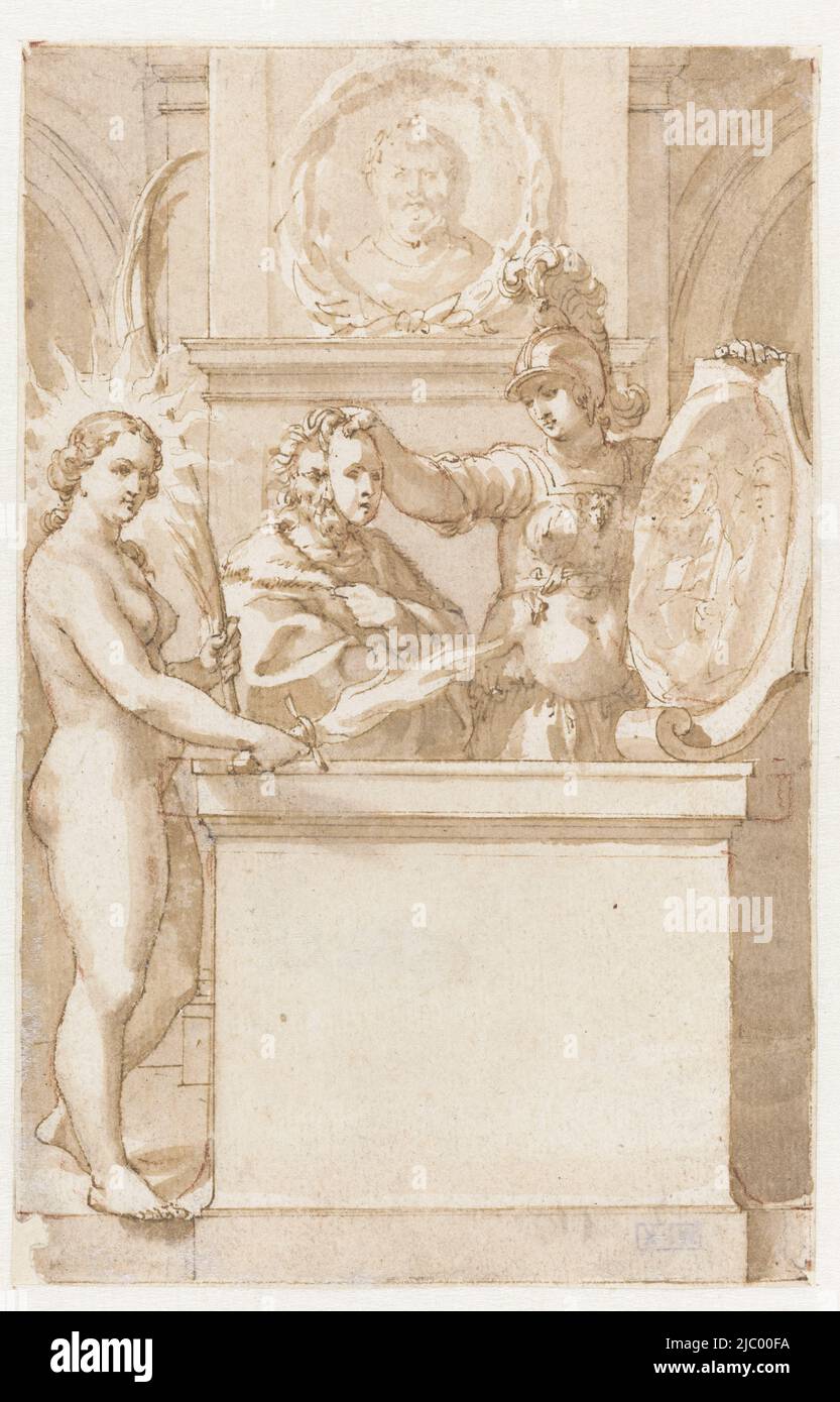 Title Page Design for the Comedies of Terence, Jan de Bisschop, after Pieter Couwenhorn, after Cornelis van Dalen (I), 1662, Allegorical composition with Minerva, Veritas and old man with mask., draughtsman: Jan de Bisschop, intermediary draughtsman: Pieter Couwenhorn, (possibly), Cornelis van Dalen (I), 1662, paper, pen, brush, h 147 mm × w 94 mm Stock Photo
