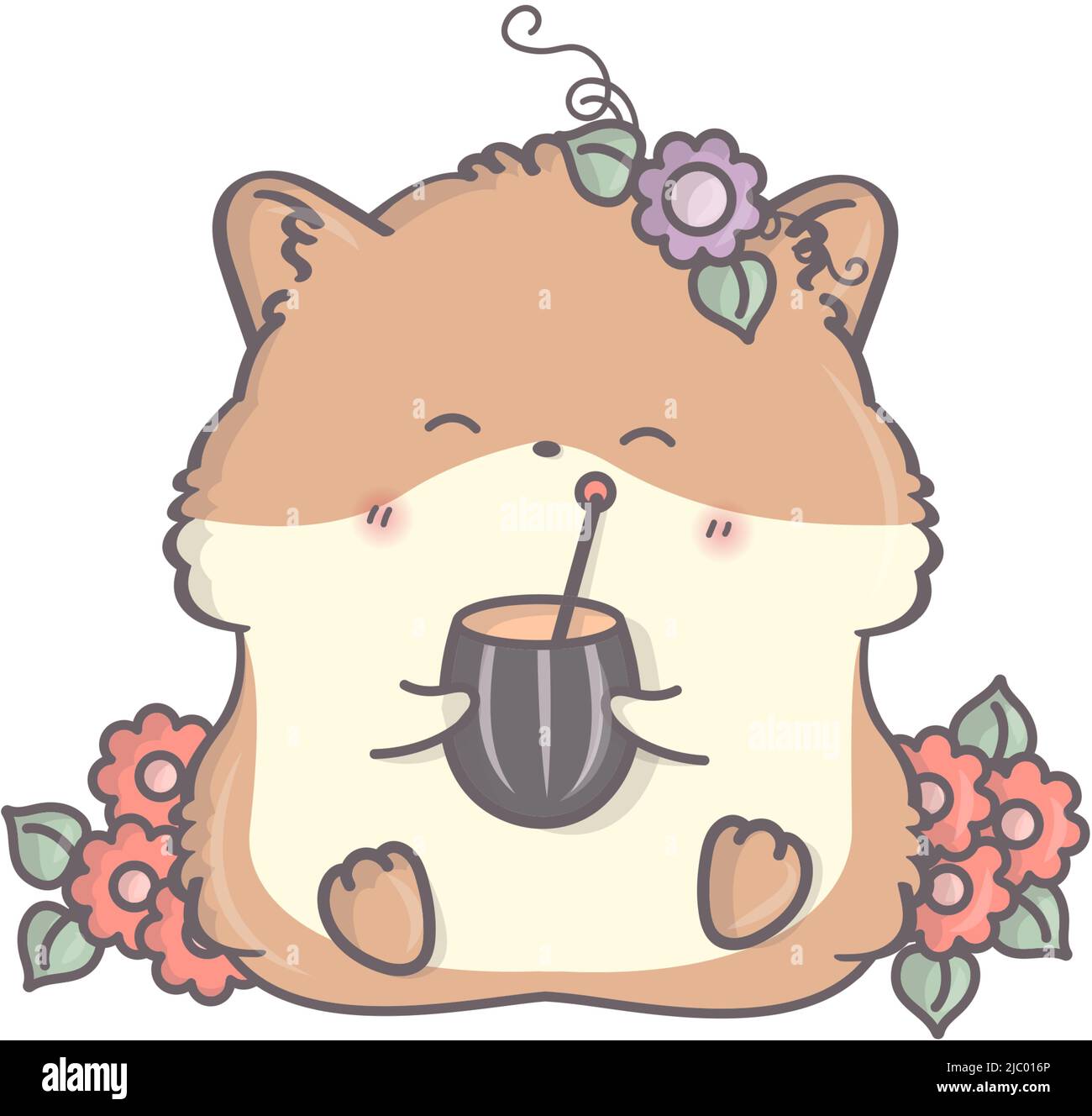 Kawaii illustration of a smiling hamster. Vector illustration of a cute animal. Cute little illustration of hamster for kids, fairy tales, covers Stock Vector
