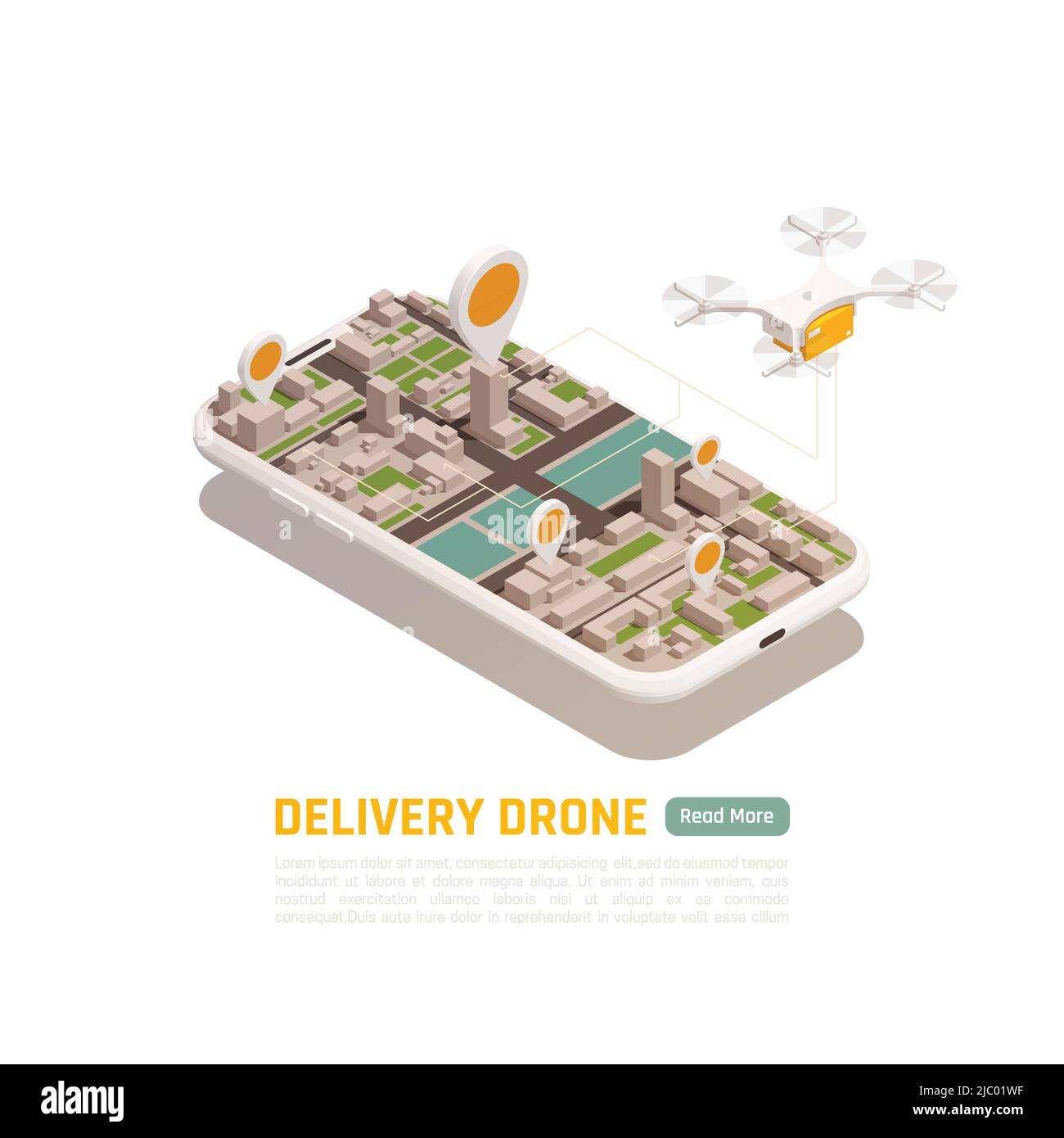 Drones quadrocopters isometric background with conceptual images of ...