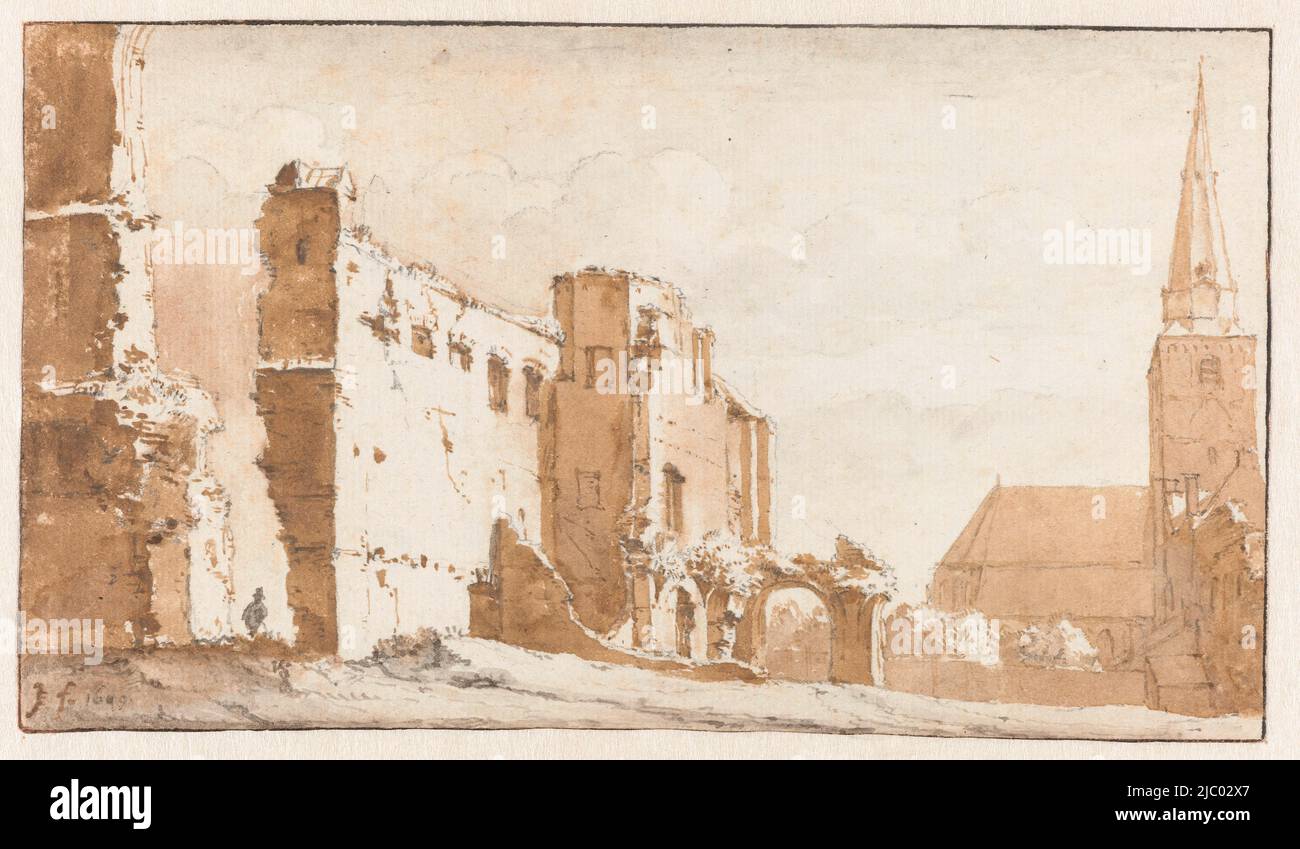 Ruin of the abbey and church at Rijnsburg, Jan de Bisschop, 1649, draughtsman: Jan de Bisschop, 1649, paper, pen, brush, h 88 mm × w 155 mm Stock Photo