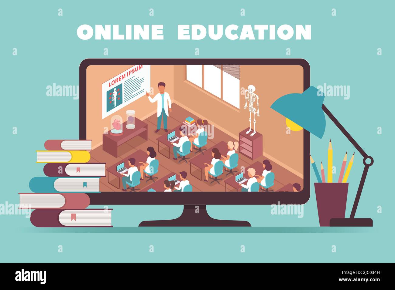 Online education design concept with picture on pc monitor showing