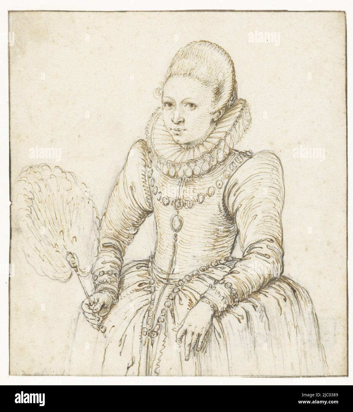 Portrait of a distinguished woman, Jacob de Gheyn (II), 1575 - 1625, Portrait of a distinguished woman, possibly Louise Juliana van Nassau (1576-1644). Slightly turned to the left, looking at the viewer. Kneepiece. In right hand, a cane fan of ostrich feathers., draughtsman: Jacob de Gheyn (II), 1575 - 1625, paper, pen, h 145 mm × w 135 mm Stock Photo