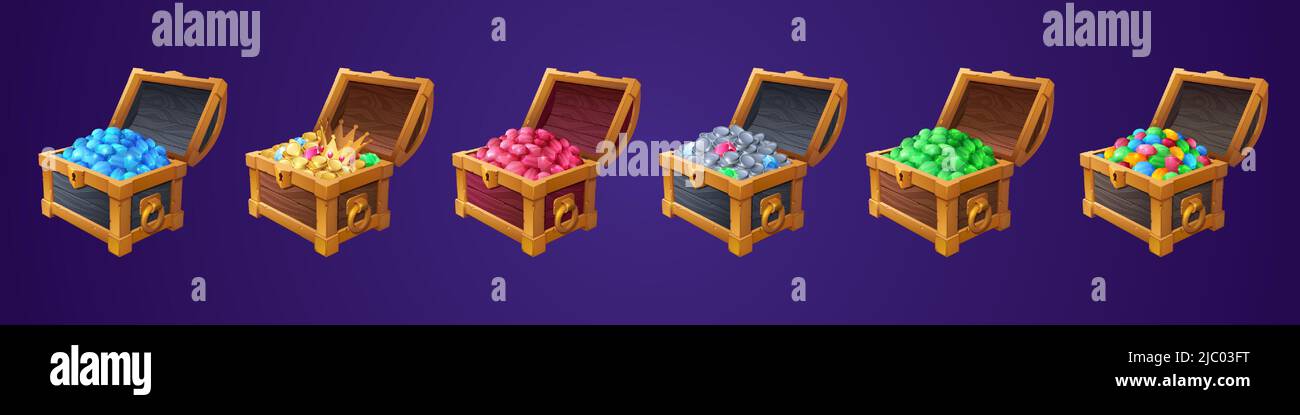 Treasure chests with gold and silver coins, different gems and crown. Vector cartoon illustration of open ancient wooden boxes with heap of golden money, ruby, emerald and diamond crystals Stock Vector