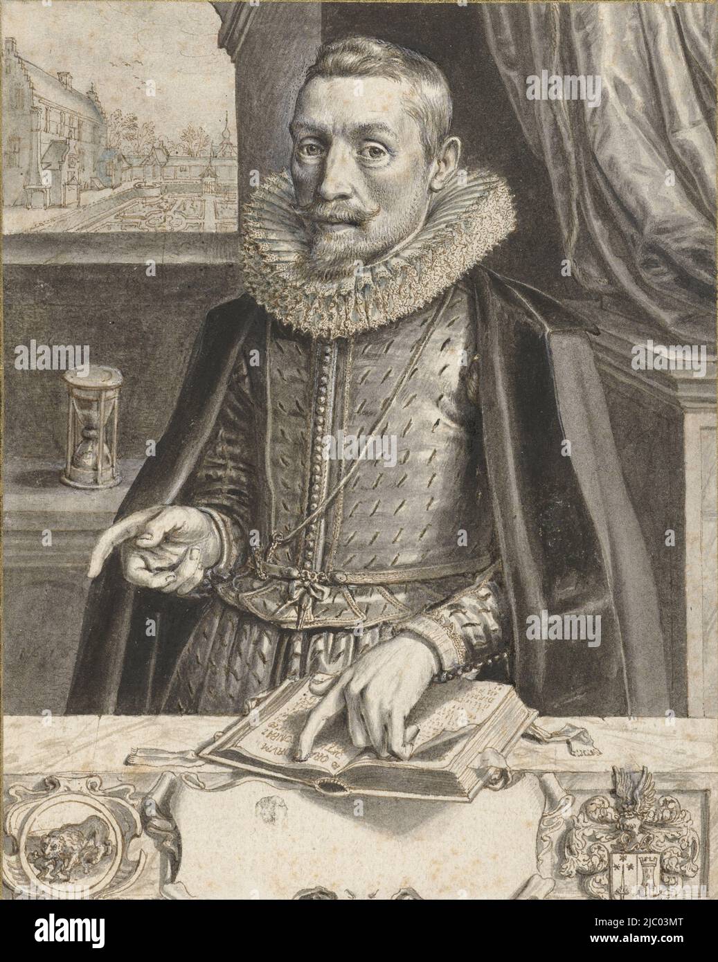 Portrait of Jacob Cats, Adriaen Pietersz van de Venne, 1618, Portrait of Jacob Cats (1577-1660), seated at a table, pointing to a book lying before him. In the back left, on a windowsill, an hourglass. Through the window on the left, the Munnikenhof near Grijpskerke can be seen, Cats's country residence in the years 1603-1623. Presumably this is the earliest known portrait of the poet-statesman. That the drawing was certainly intended to be printed can be deduced from the fact that Cats's family coat of arms is depicted mirrorwise at the bottom right. Design for a print., draughtsman: Adriaen Stock Photo
