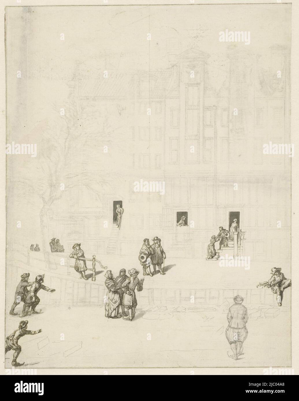 Figures on the ice from near the burned out house on Leidsegracht, 1684, Jan van der Heyden, after 1684 - 1690, Study for the figures on the ice of the frozen canal in front of the ruin of a house on Leidsegracht after the fire on January 12, 1684. Design for the illustration in Jan van der Heyden's Book of Fire Sprays, 1690 and 1735., draughtsman: Jan van der Heyden, Amsterdam, after 12-Jan-1684 - 1690, paper, brush, counterproof, h 315 mm × w 246 mm Stock Photo