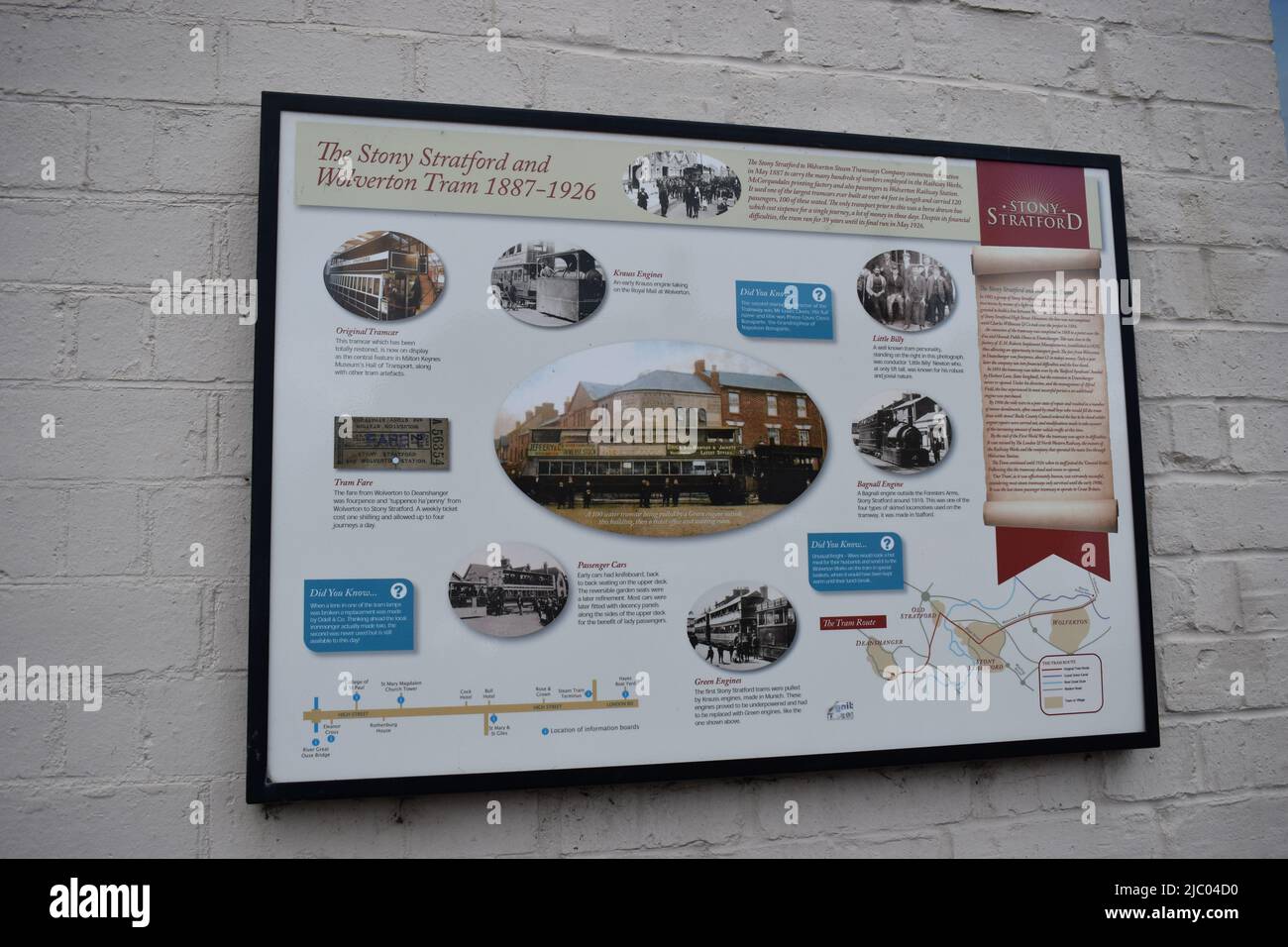 Information board about the Stony Stratford and Wolverton Tram 1887 - 1926. Stock Photo