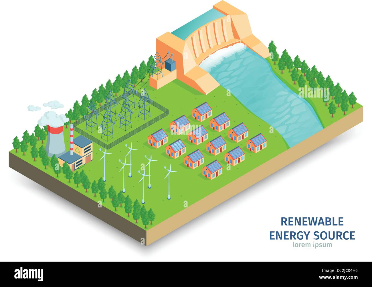 Isometric green energy composition with view of power infrastructure with hydroelectric generating station and wind turbines vector illustration Stock Vector
