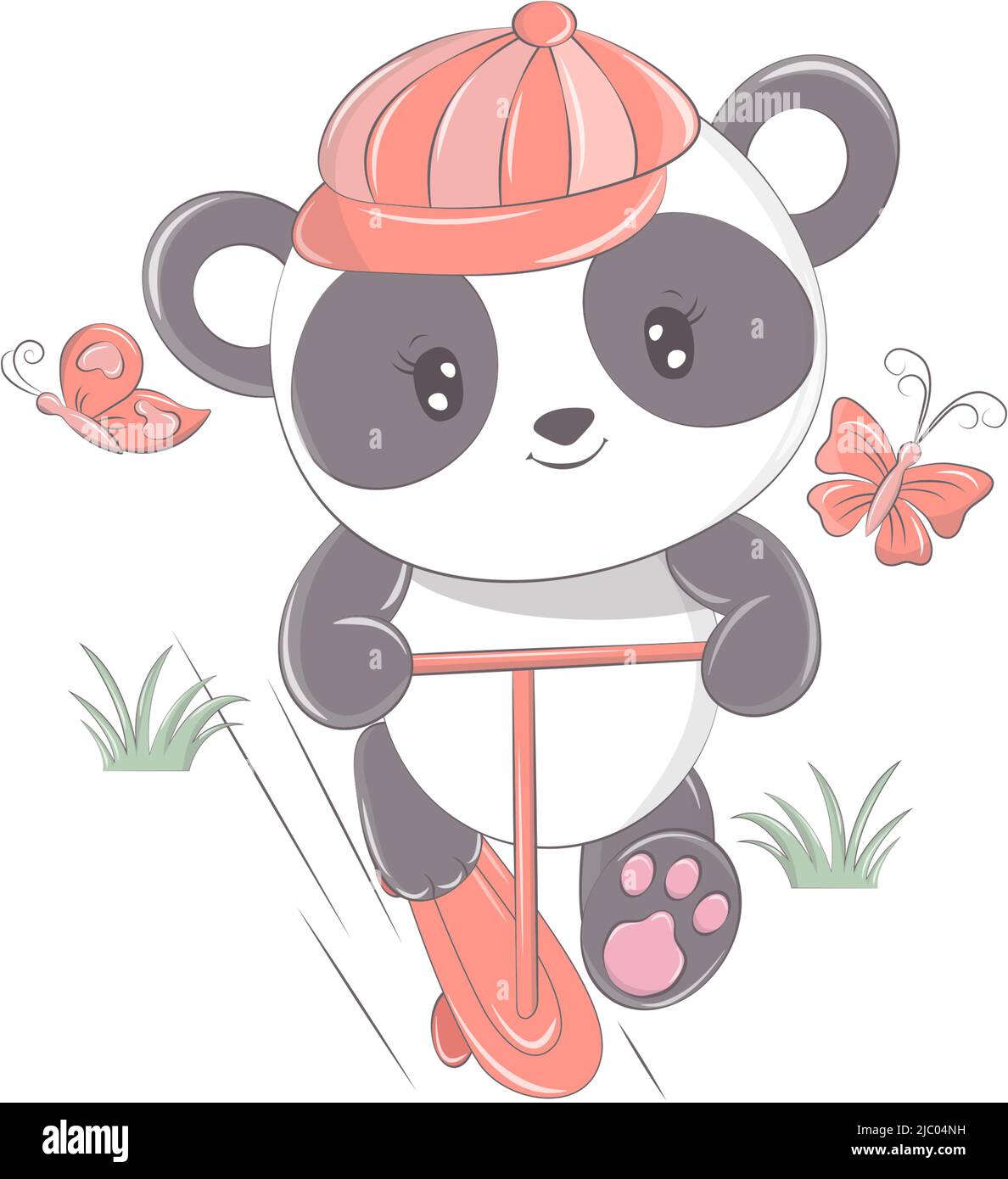 Panda in a funny cartoon style. Cute animal illustration for baby products. The animal in the vector smiles cutely and has beautiful eyes Stock Vector