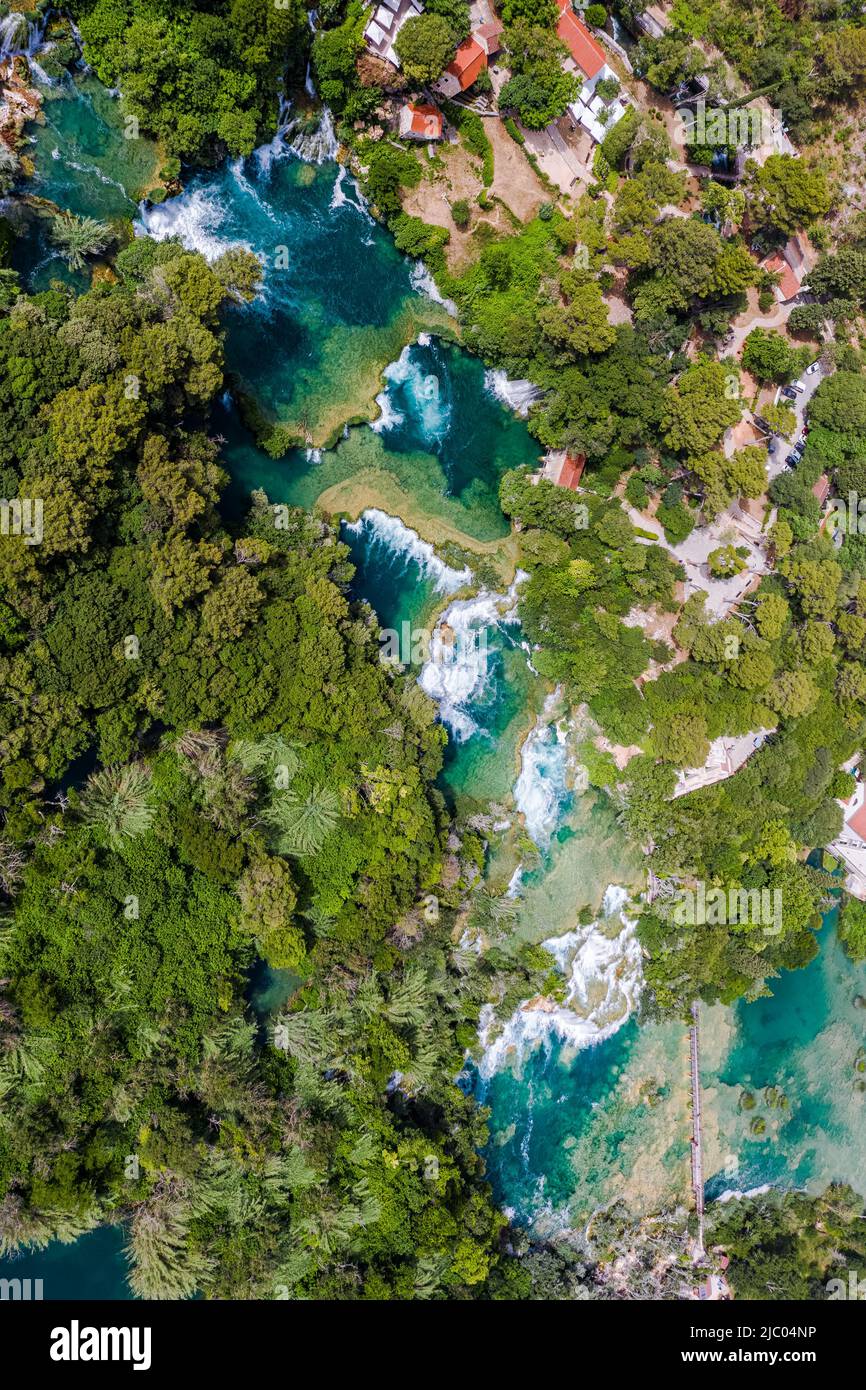 Krka, Croatia - Aerial top-down view of the famous Krka Waterfalls in Krka National Park on a bright summer day Stock Photo