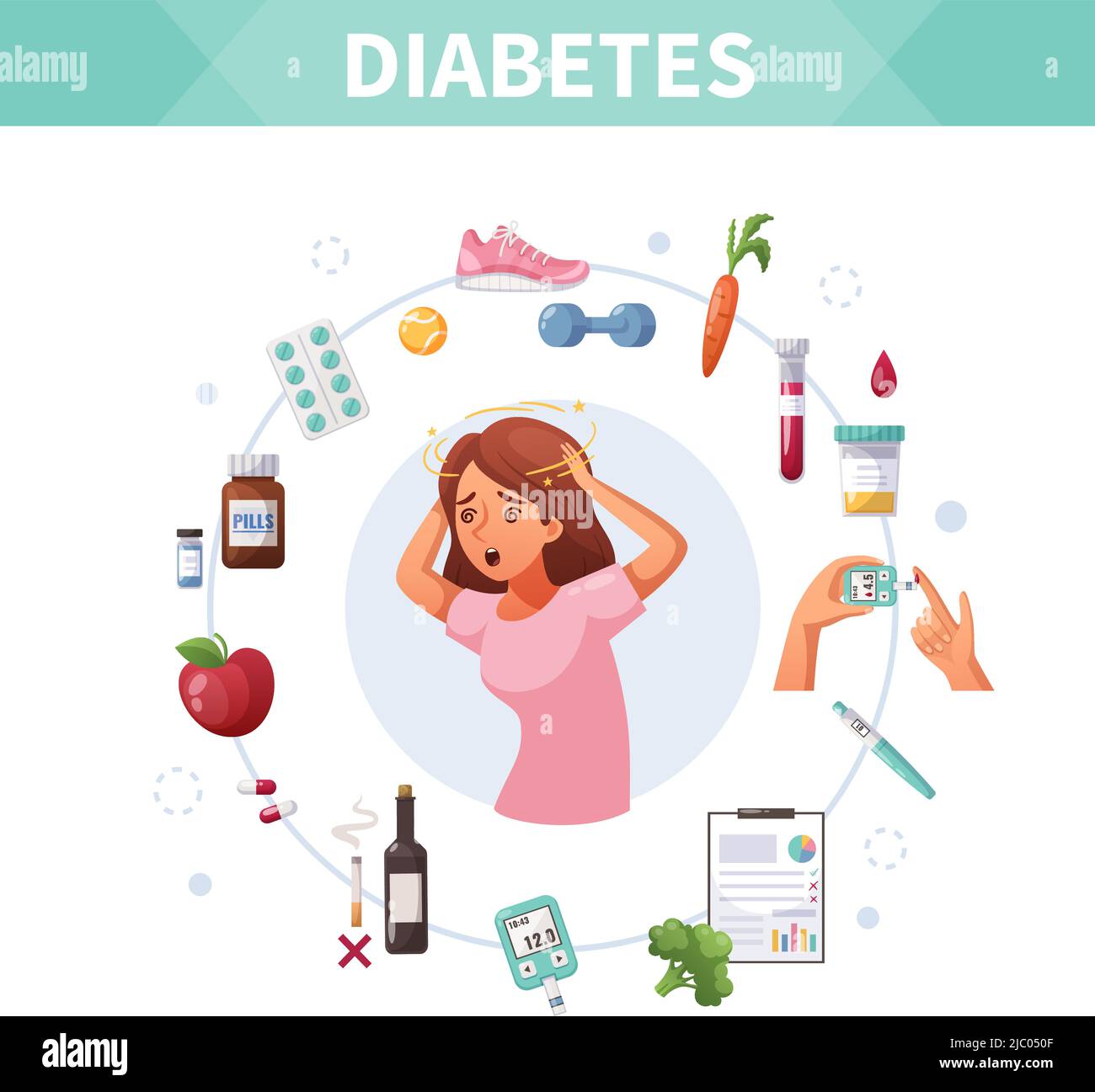 Cartoon concept with diabetes treatment and woman suffering from dizziness vector illustration