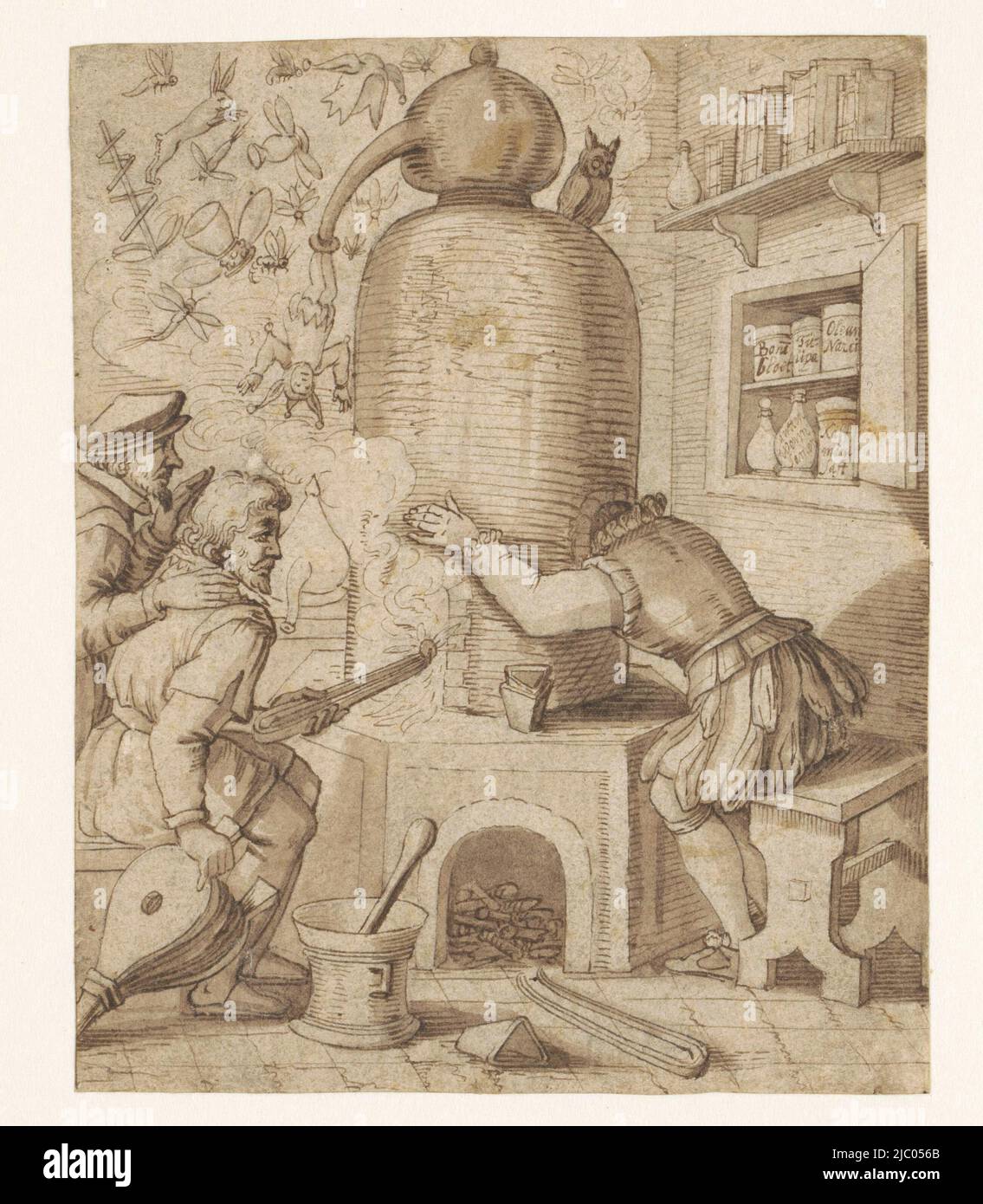Satire on alchemy, anonymous, 1600 - 1610, draughtsman: anonymous, Low Countries, 1600 - 1610, paper, pen, brush, h 134 mm × w 108 mm Stock Photo