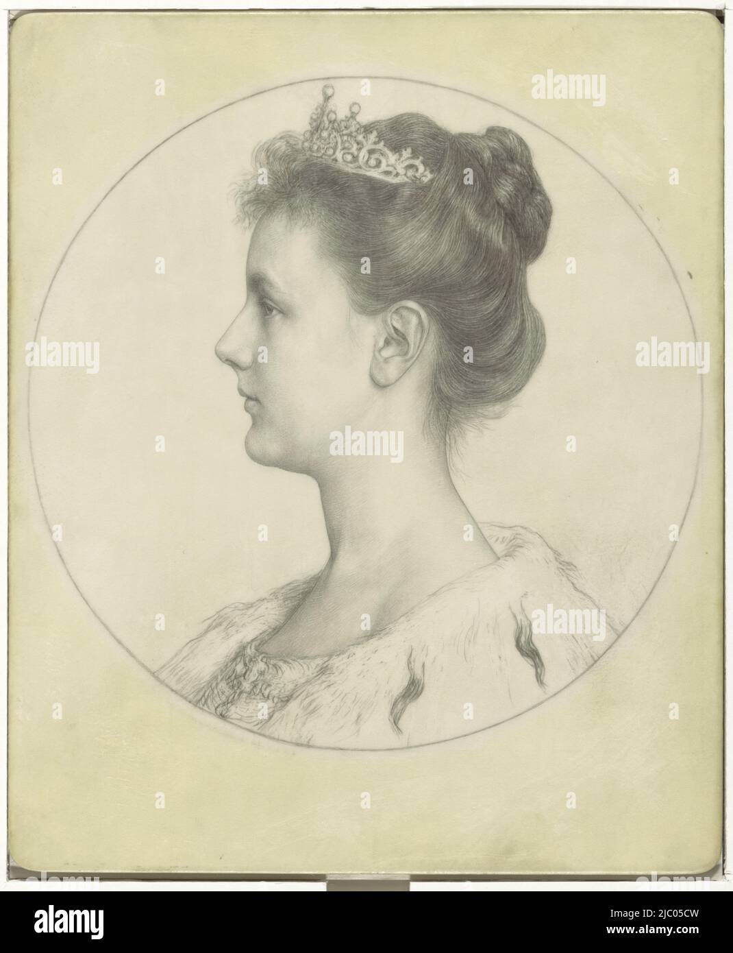 Portrait of Queen Wilhelmina, Jan Veth, 1874 - 1925, draughtsman: Jan Veth, 1874 - 1925, paper, d 226 mm Stock Photo