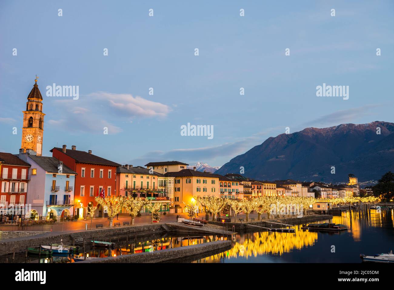 Illuminated City of Ascona and Alpine Lake Maggiore in Dusk in ticino ...
