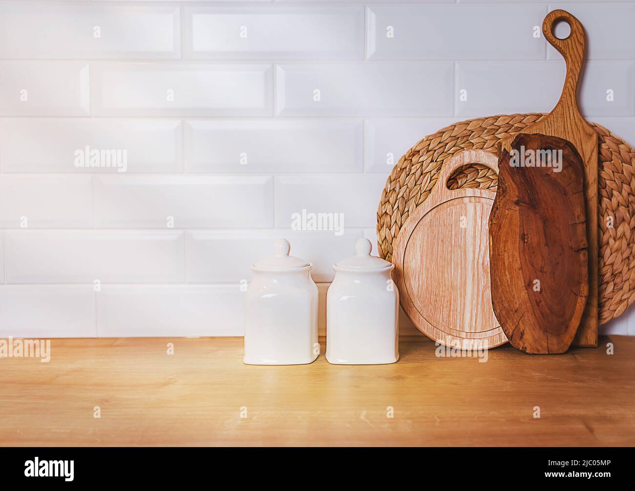 kitchen template, mockup. Vintage image of kitchen with white wall and wooden boards Stock Photo