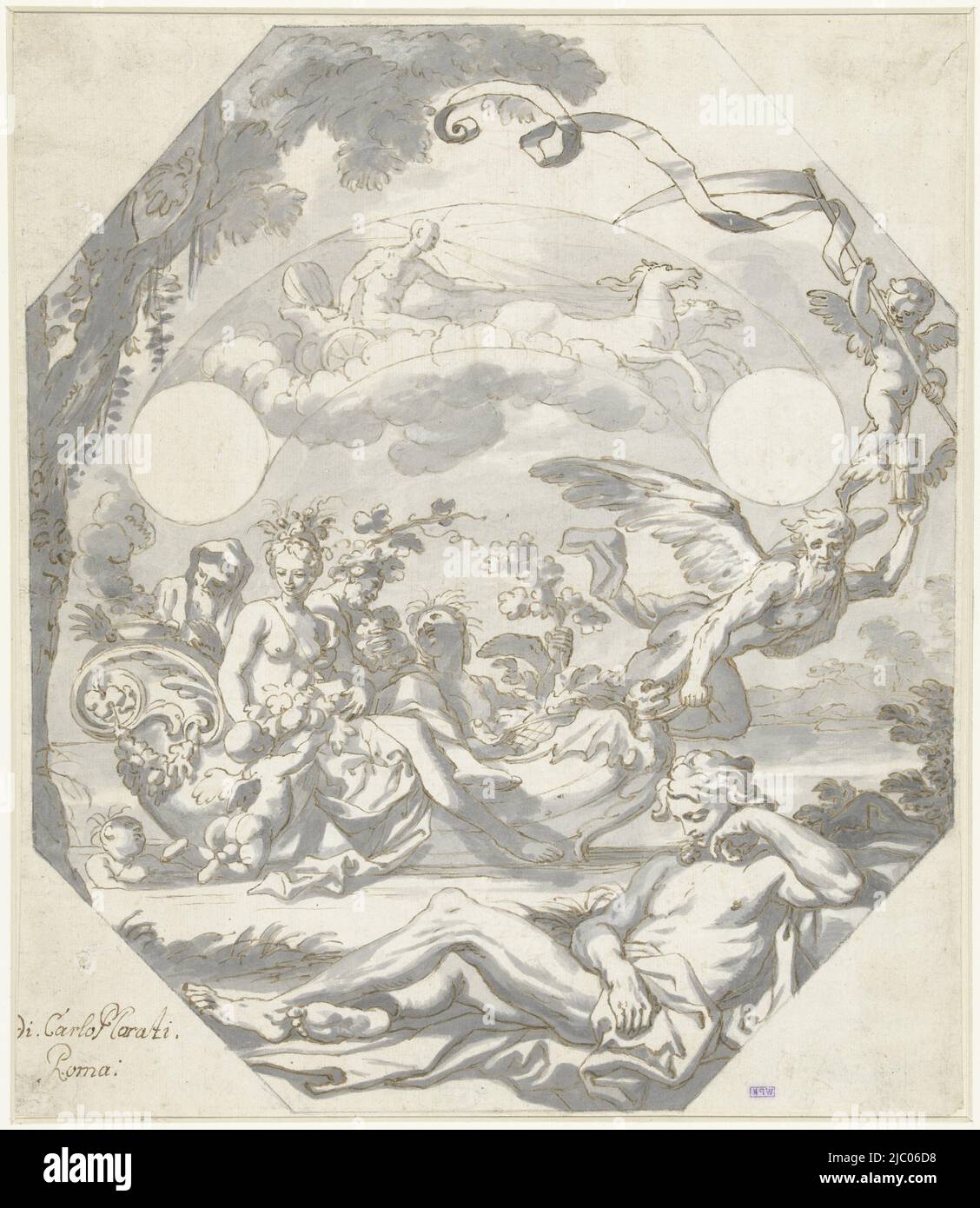 Design for a dial with a mythological allegory: Time with Cupid pulls a boat, in which Venus, Bacchus and Ceres are seated, in the sky Apollo in the solar car, in the foreground a sleeping young man, Design for a dial with a mythological allegory., draughtsman: Domenico I Piola, (attributed to), draughtsman: Carlo Maratti, (circle of), c. 1690 - c. 1695, paper, pen, brush, h 338 mm × w 288 mm Stock Photo