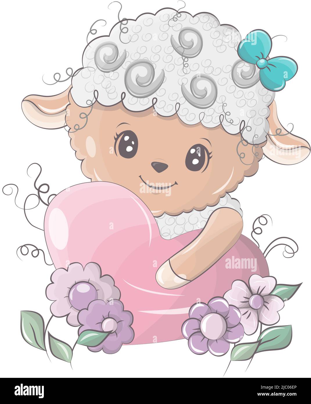 Sheep cartoon picture illumination. Sheep hugs a cute heart. Cute little illustration of lamb for kids, baby book, fairy tales, baby shower invitation Stock Vector