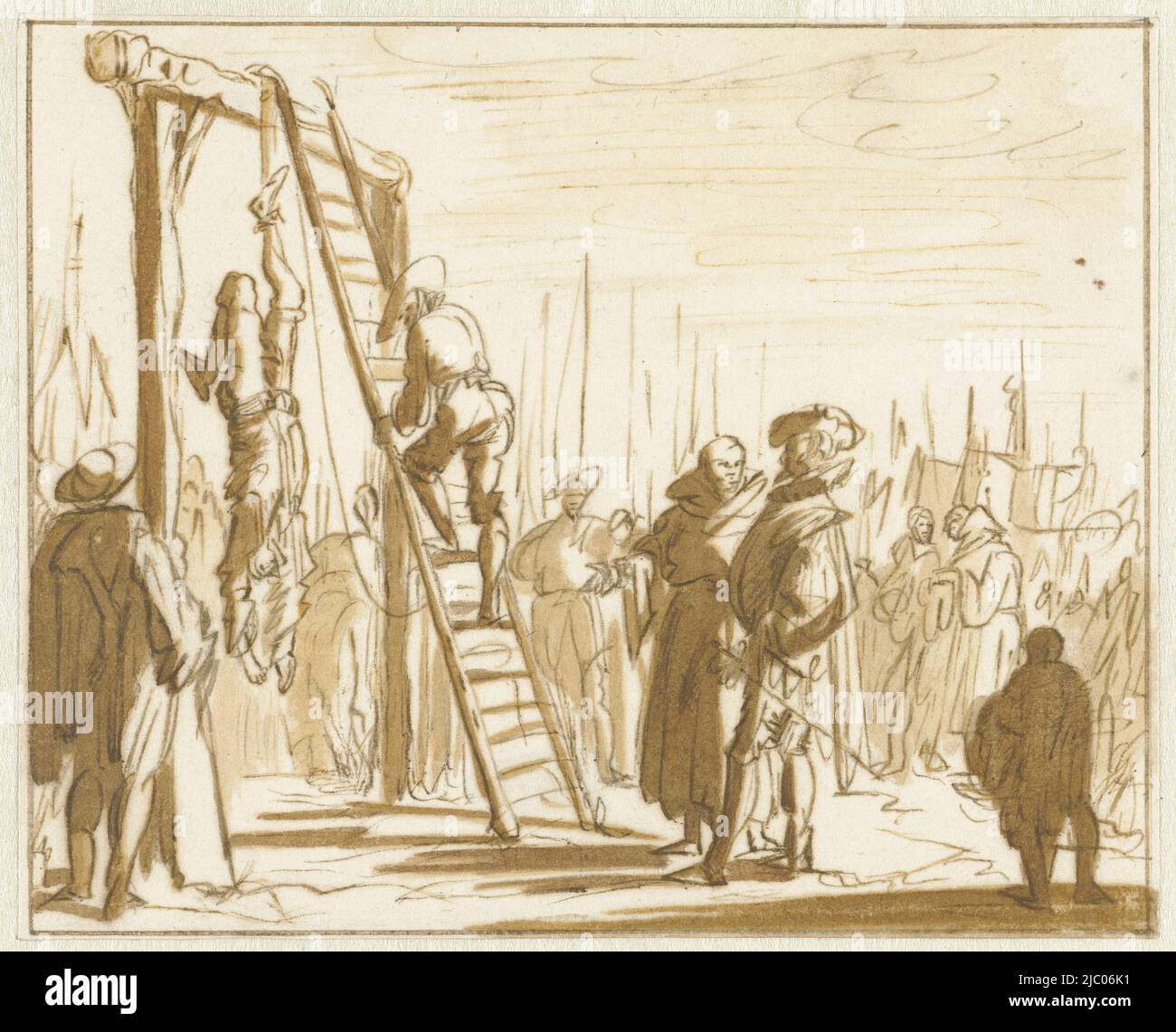 Jan Smit hung from one leg on the gallows, on the Grote Markt in Haarlem, 1572. Design for a print, Jan Smit hung on one leg in Haarlem., draughtsman: Jan Luyken, 1683 - 1685, paper, pen, brush, h 109 mm × w 136 mm Stock Photo