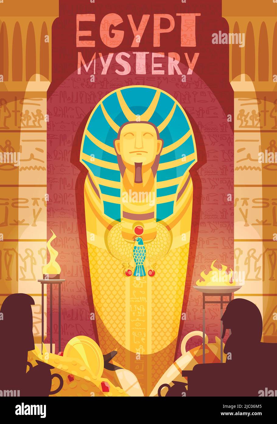 Ancient egyptian mummy mystery exhibit poster with grave goods golden amulets ritual fire deities silhouettes vector illustration Stock Vector