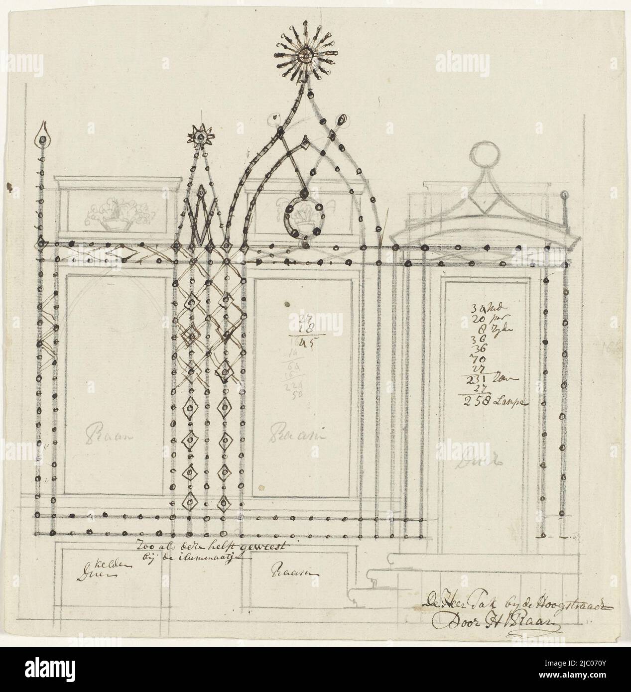 Design for the illumination of the house of Mr. Tak in the Hoogstraat in Amsterdam. With notes on placement and quantities of lamps. Part of a group of design drawings by the architect Hendrik G. van Raan for illuminations and decorations in Amsterdam on the 40th birthday of Prince Willem V on March 8, 1788., Design for the illumination of the house of Mr. Tak in Amsterdam, 1788., draughtsman: Hendrik G. van Raan, (mentioned on object), Amsterdam, 1788, paper, writing (processes), h 273 mm × w 267 mm Stock Photo