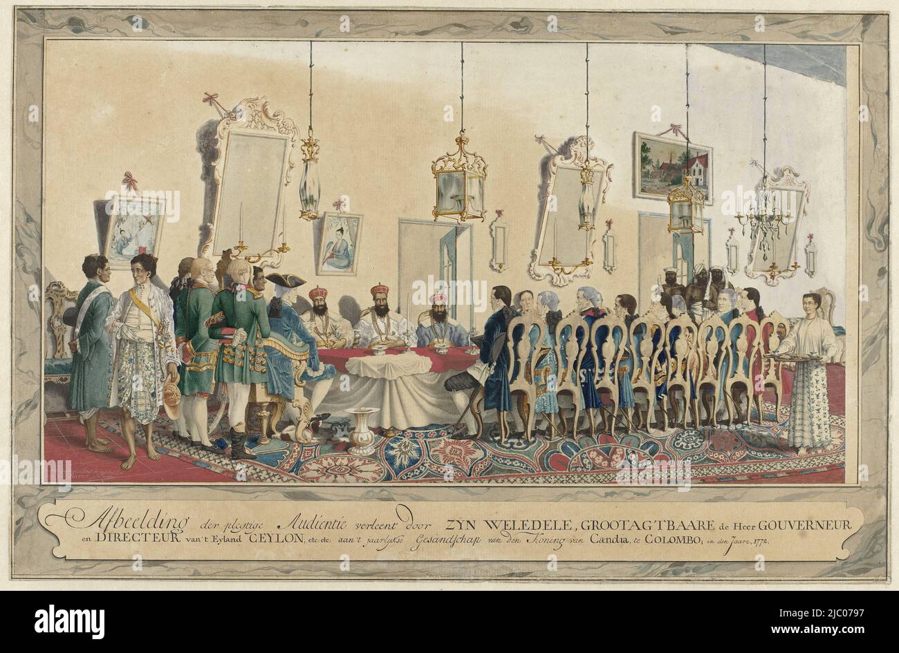 Reception of the envoys of the King of Kandy by Governor Imam Falck in the Great Reception Room of the Governor's House in Colombo. Bottom left: after Life Ticked and Painted / by C. F. Reimer Surgeon. Below, in cartouche: Image of the Solemn Audience granted by ZYN WELEDELE, GREAT Mister GOUVERNEUR / and DIRECTOR of 't Eyland CEYLON, etc: etc: to 't jaarlykse Gesandschap van den Koning van Candia, at COLOMBO, in den Jaare, 1772., Reception of the envoys of the king of Kandy by governor Imam Falck., draughtsman: Carel Frederik Reimer, (mentioned on object), 1772, paper, brush, h 280 mm × w 430 Stock Photo