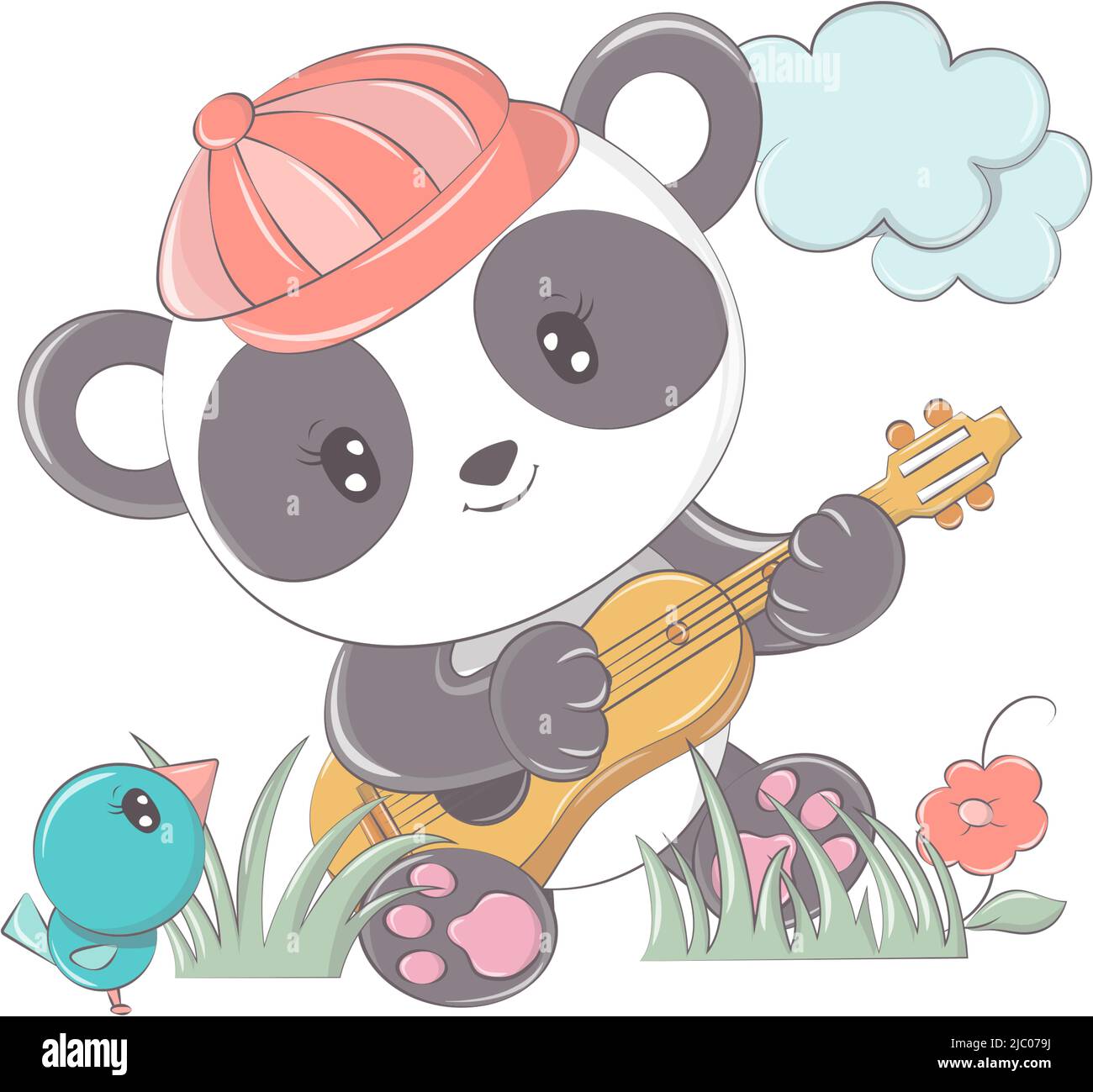 Vector images of a panda in kawaii style. The cartoon character is made for a kids group of goods. The funny animal smiles cutely. Animal isolated on Stock Vector