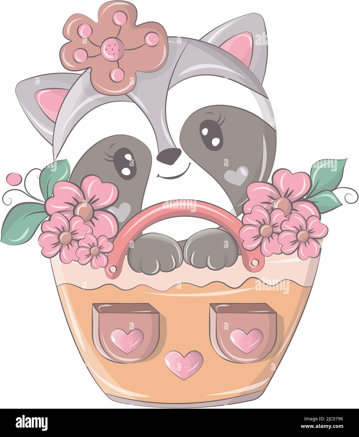 Raccoon in a funny cartoon style. Cute animal illustration for baby products. The animal in the vector smiles cutely and has beautiful eyes Stock Vector