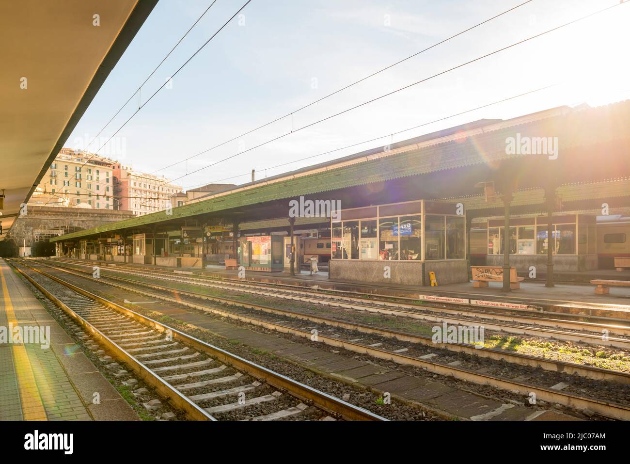 Railroad Station with Sunlight in Genoa, Liguria in Italy Stock Photo