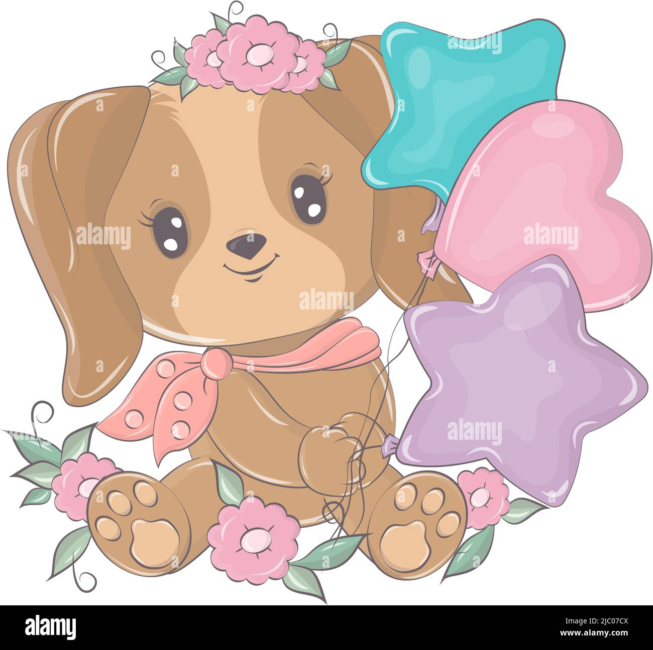 Vector images of a Dog in kawaii style. The cartoon character is made for a kids group of goods. The funny animal smiles cutely. Animal isolated on Stock Vector